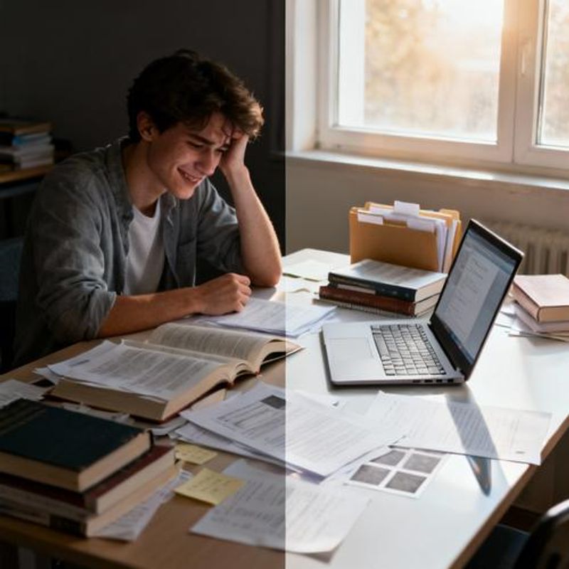 Student overwhelmed with books and papers before discovering AI tools