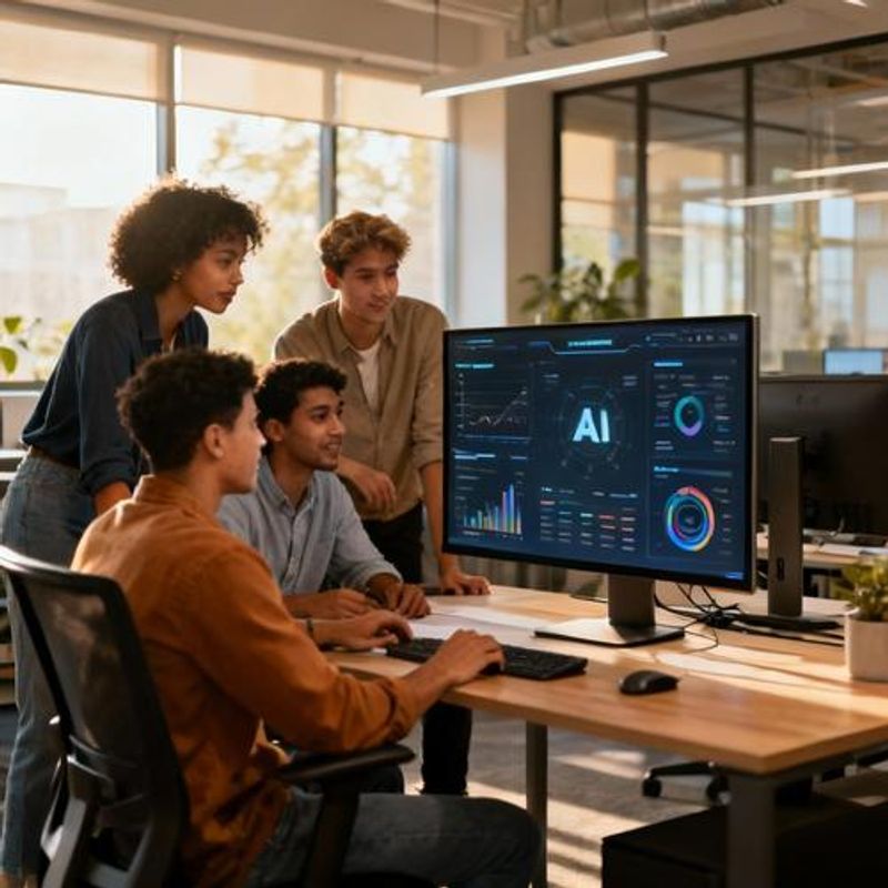 Diverse startup team collaborating around AI technology dashboard