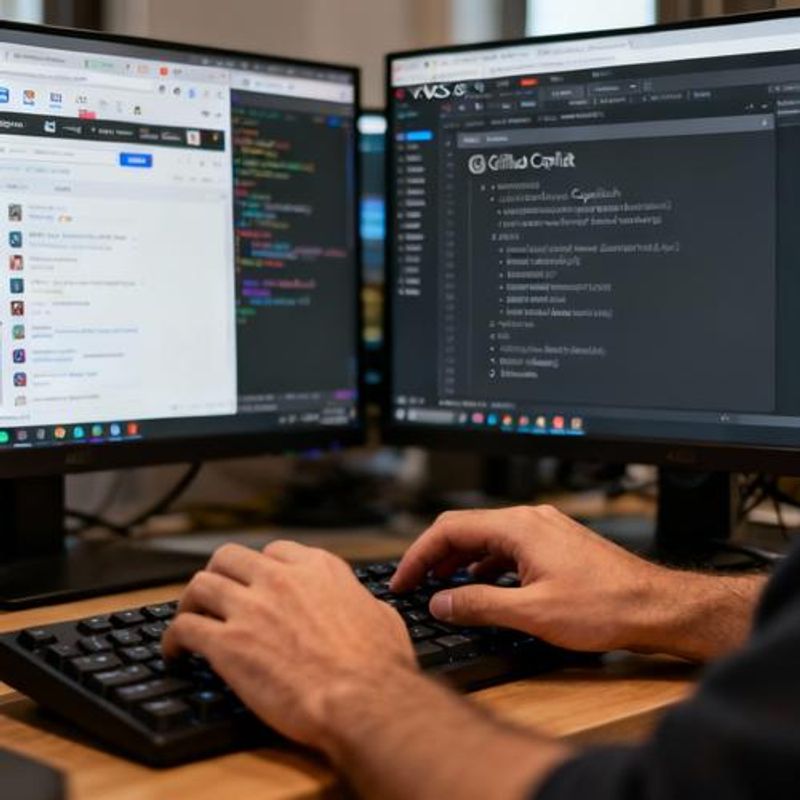 Developer using AI code completion in IDE with suggestions appearing in real-time