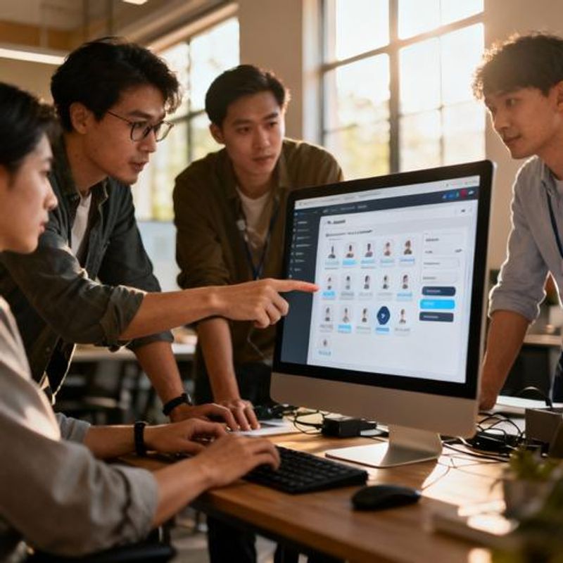 Team collaborating around computer showing AI agents selection process