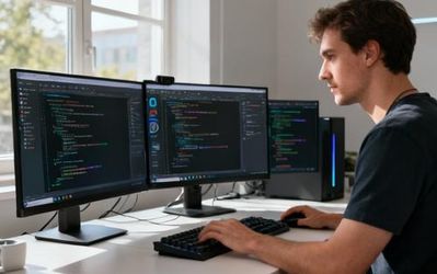 Developer using AI tools on multiple monitors in modern workspace