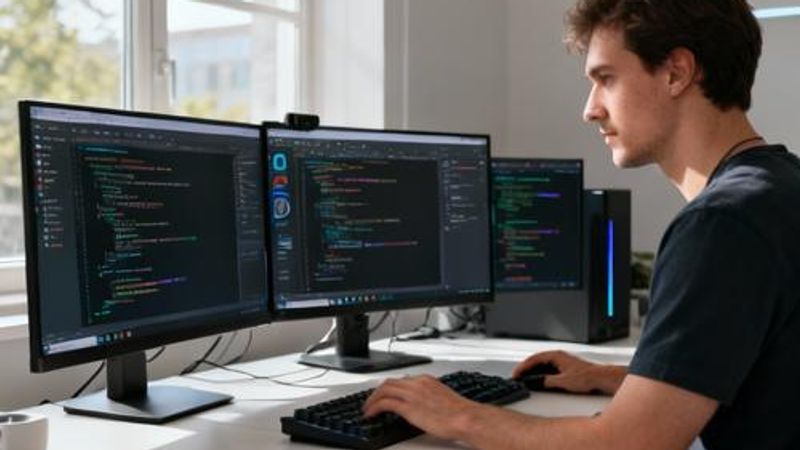 Developer using AI tools on multiple monitors in modern workspace