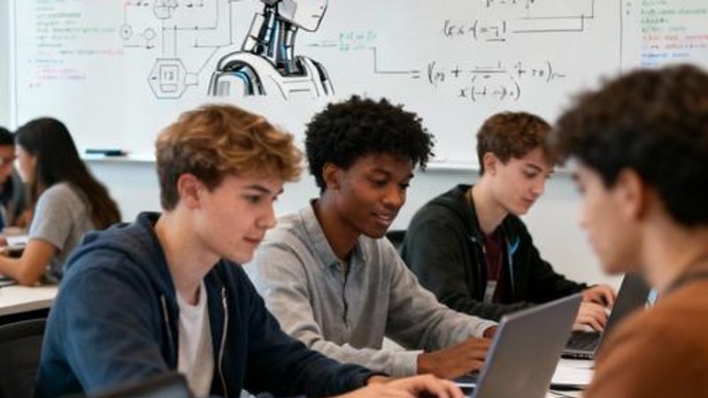 Students collaborating on AI projects in a modern university computer lab