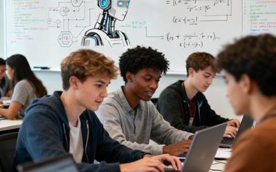 Students collaborating on AI projects in a modern university computer lab