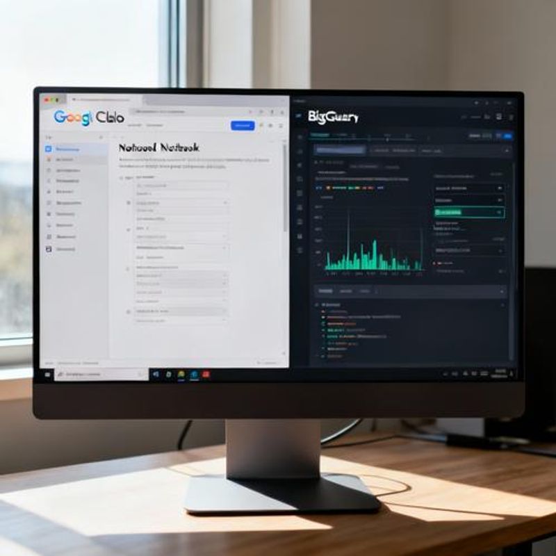 Split screen showing Google Colab and BigQuery interfaces side by side