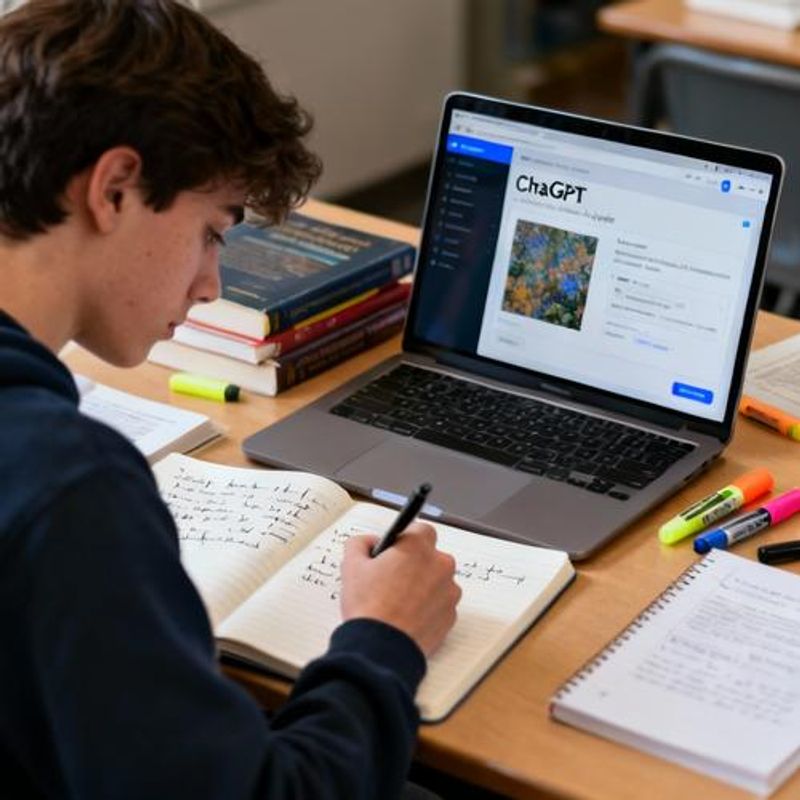 Student taking notes while using ChatGPT image analysis