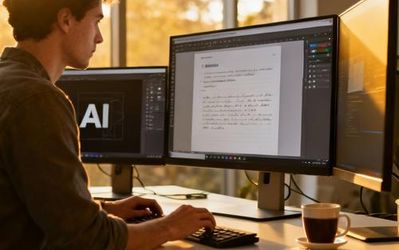 Content creator working with AI tools on multiple screens in modern workspace