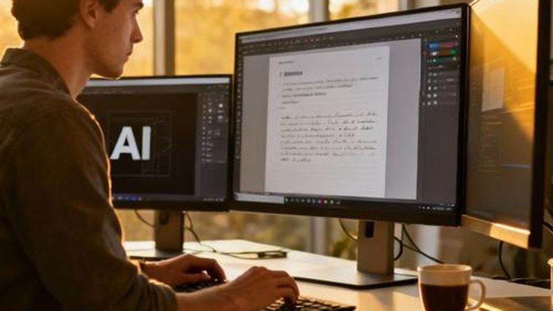 Content creator working with AI tools on multiple screens in modern workspace