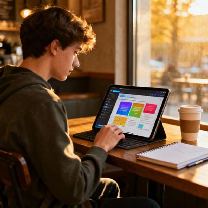 Student creating presentation using AI design tools on tablet