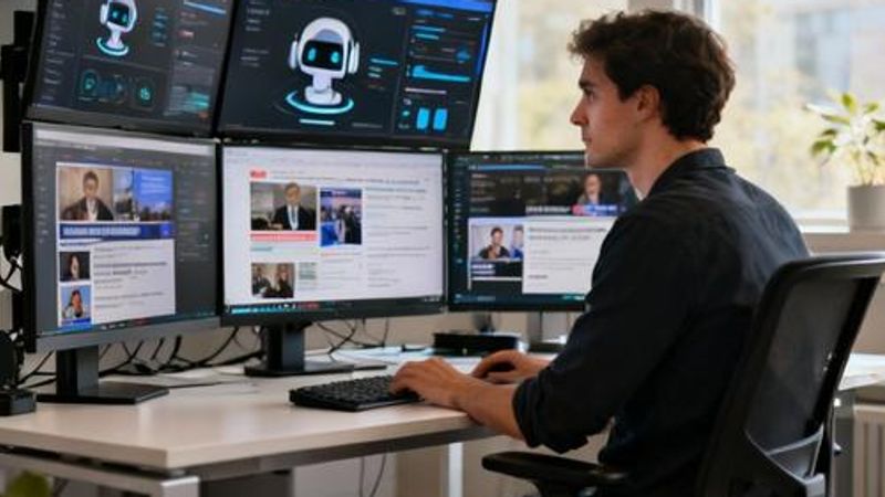 Content creator working with AI tools on multiple screens showing latest updates