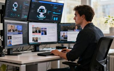 Content creator working with AI tools on multiple screens showing latest updates