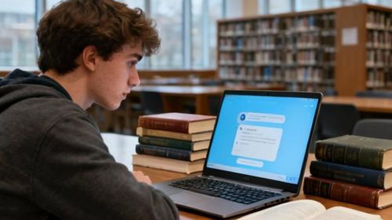 College student using AI chat app on laptop in modern library study area