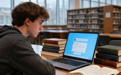 College student using AI chat app on laptop in modern library study area