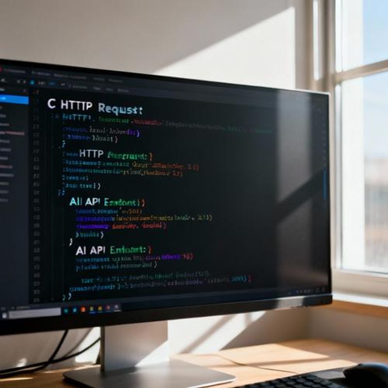 Code editor showing C programming with HTTP request libraries and AI API endpoints