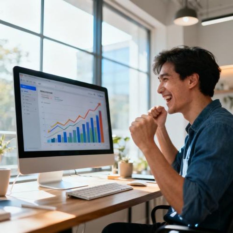 Content creator celebrating success with analytics dashboard showing growth