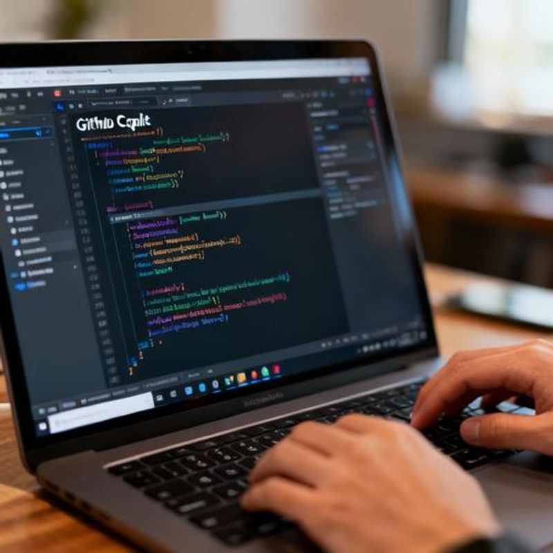 Developer using GitHub Copilot with code suggestions appearing in IDE