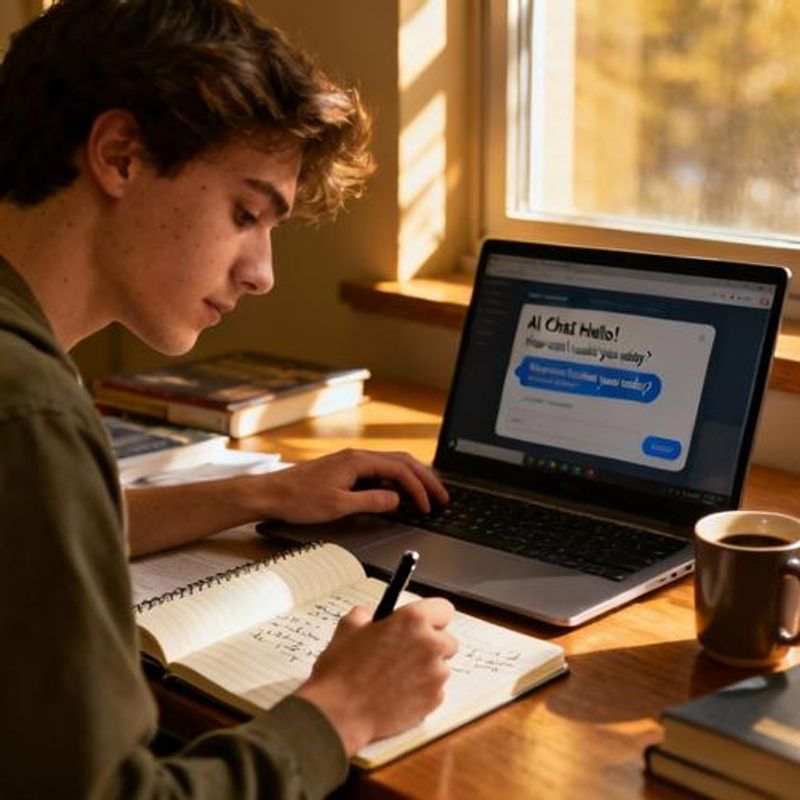 Student taking notes while chatting with AI language bot