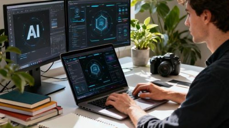 Content creator using AI tools on laptop with creative workspace setup