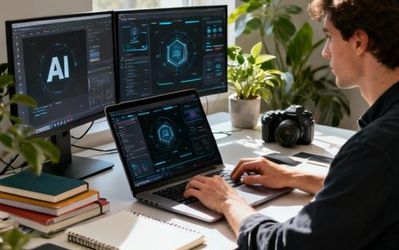 Content creator using AI tools on laptop with creative workspace setup
