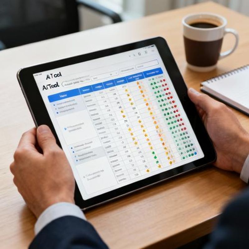 Hands holding tablet showing AI tool comparison spreadsheet with evaluation scores