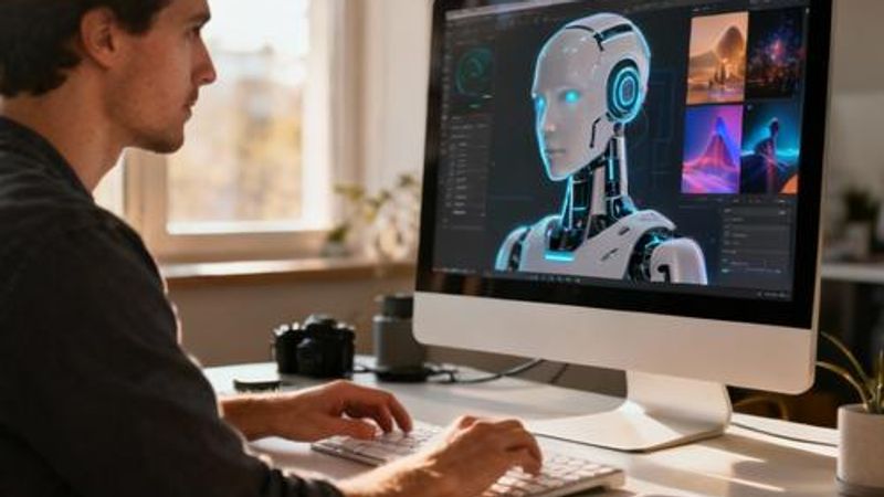 Content creator using AI picture generator on computer with visual graphics on screen