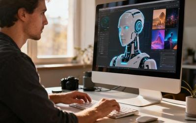 Content creator using AI picture generator on computer with visual graphics on screen