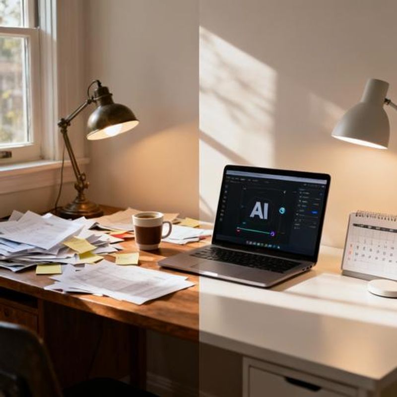 Split screen showing traditional vs AI-assisted content creation workflow