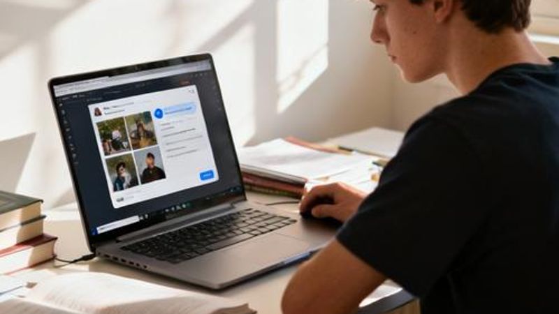 Student using AI chat tool to upload and analyze study materials on laptop