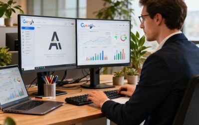 Data analyst working with Google AI tools on multiple monitors showing charts and graphs