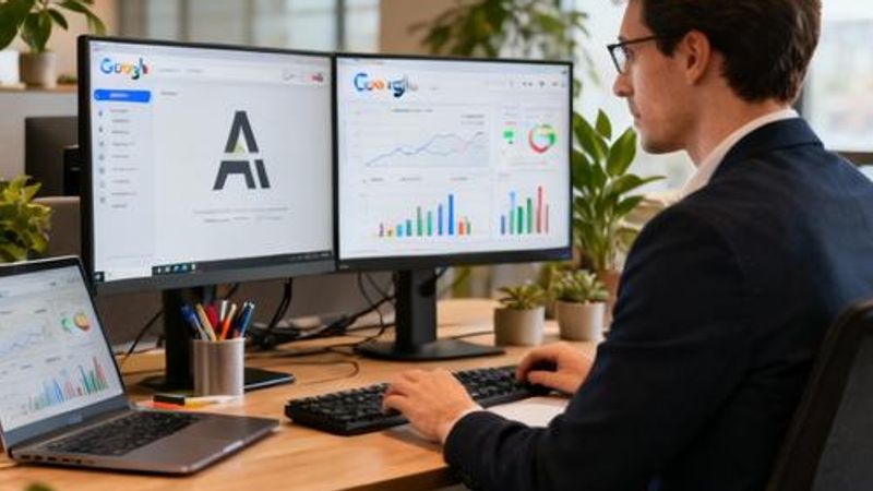 Data analyst working with Google AI tools on multiple monitors showing charts and graphs