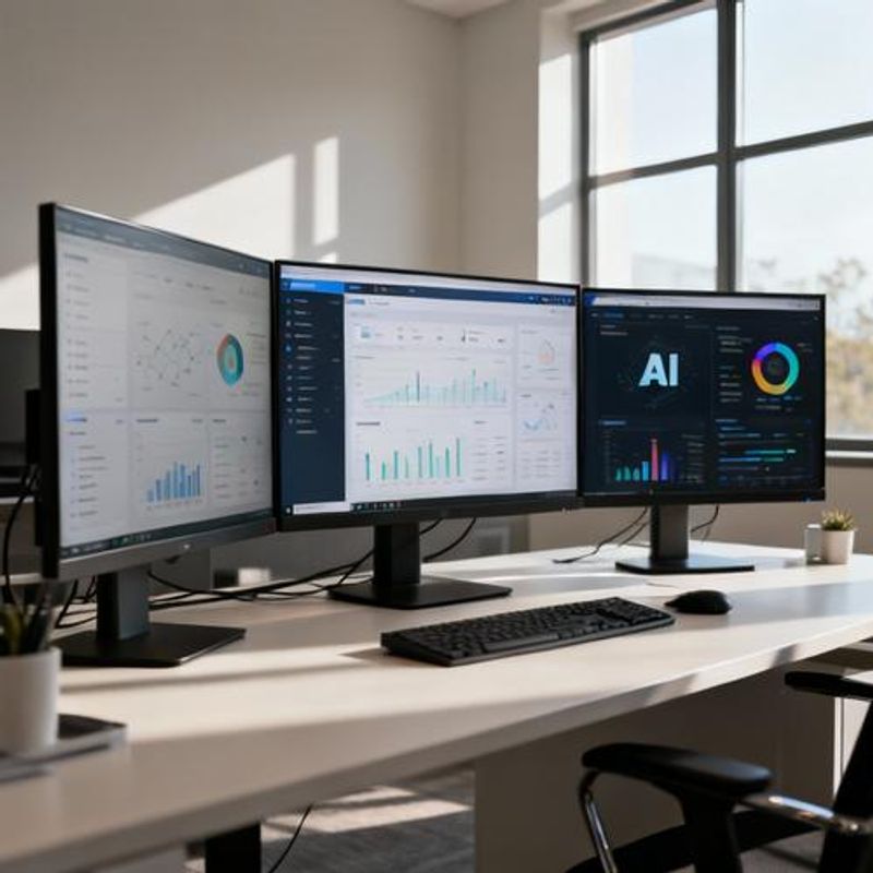 Multiple AI tool interfaces displayed on computer screens showing data analysis workflows