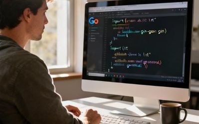 Developer coding an AI Go application on dual monitors with terminal and IDE visible