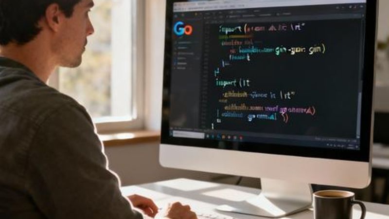 Developer coding an AI Go application on dual monitors with terminal and IDE visible