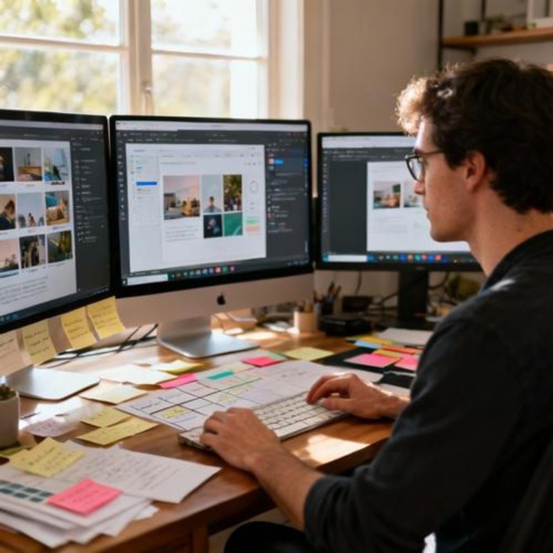Content creator reviewing AI-generated content on multiple screens showing workflow stages