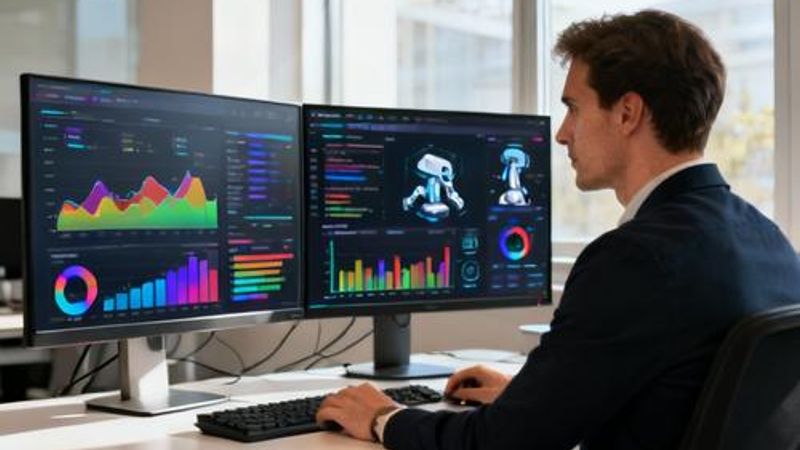 Data analyst working with AI tools on multiple monitors showing data visualizations and analytics dashboards