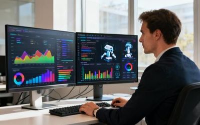 Data analyst working with AI tools on multiple monitors showing data visualizations and analytics dashboards