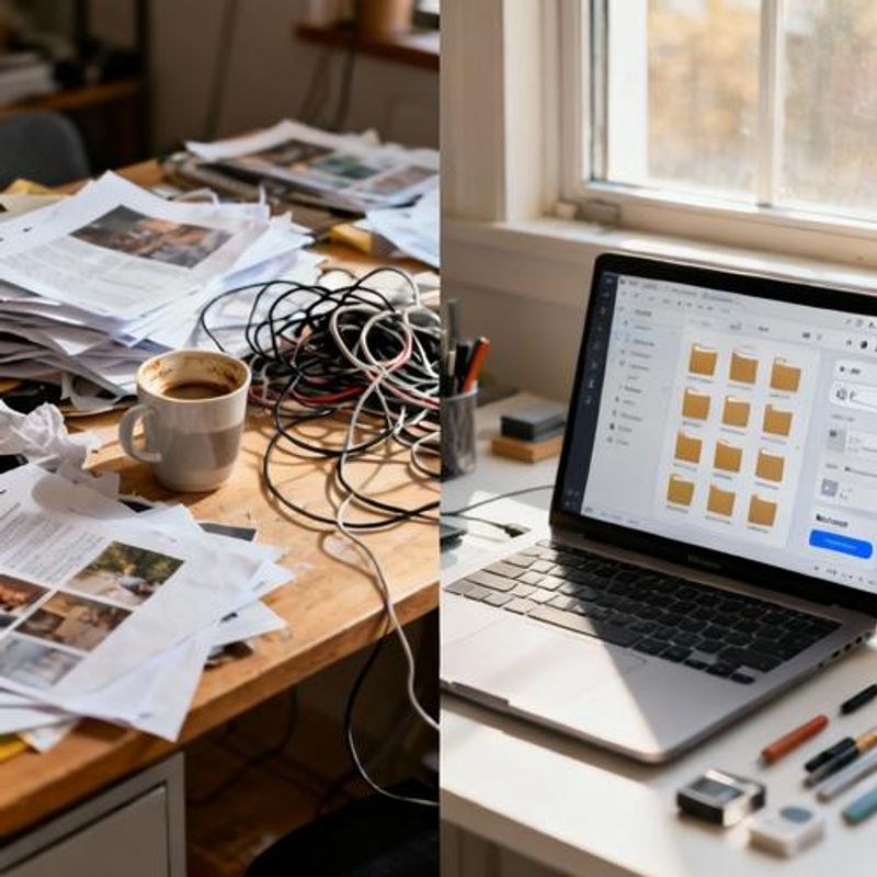 Split screen showing content creator's before and after workflow with AI tools integration