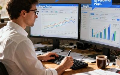 Data analyst using Google AI tools on multiple monitors analyzing charts and graphs
