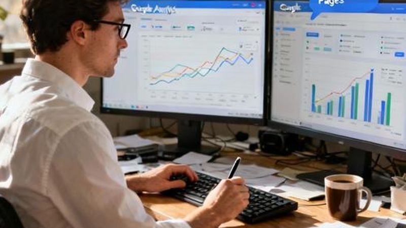 Data analyst using Google AI tools on multiple monitors analyzing charts and graphs