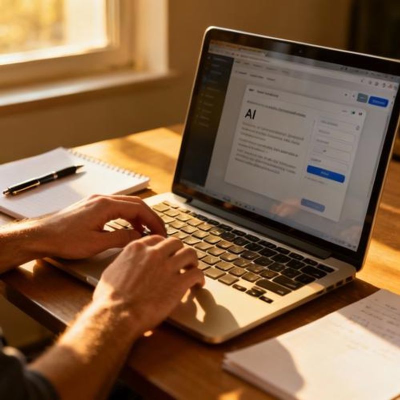 Content creator using AI writing assistant on laptop