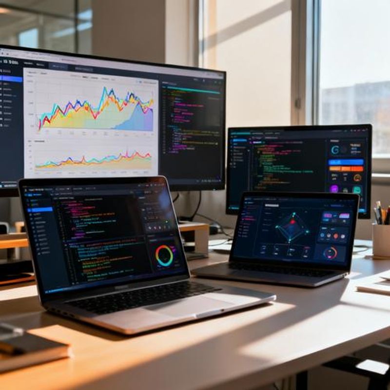 Various AI tool interfaces displayed on laptop screens showing data analysis workflows