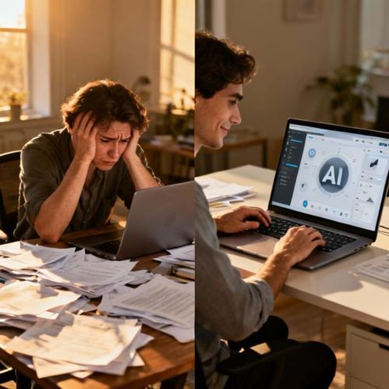 Split screen showing traditional content creation vs AI-assisted workflow