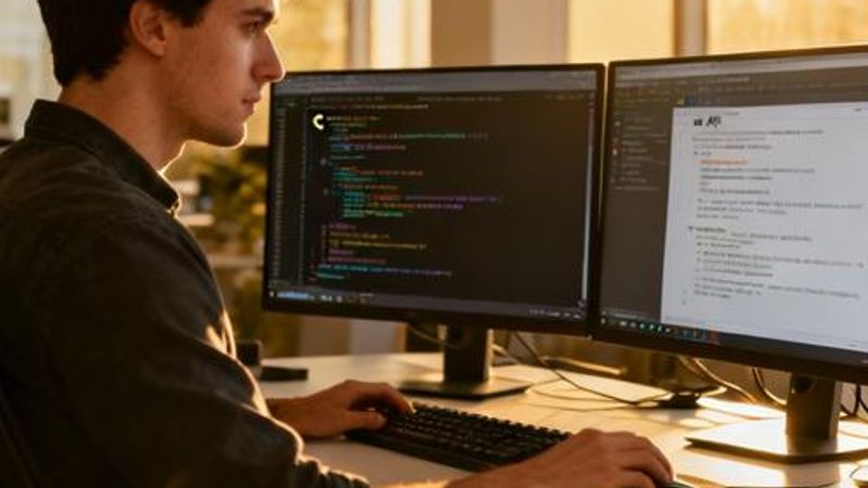 Developer working on AI API integration with C programming code on multiple monitors