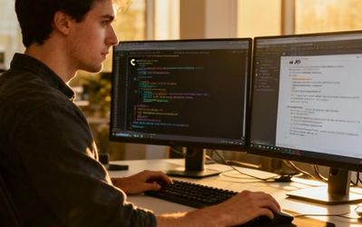 Developer working on AI API integration with C programming code on multiple monitors