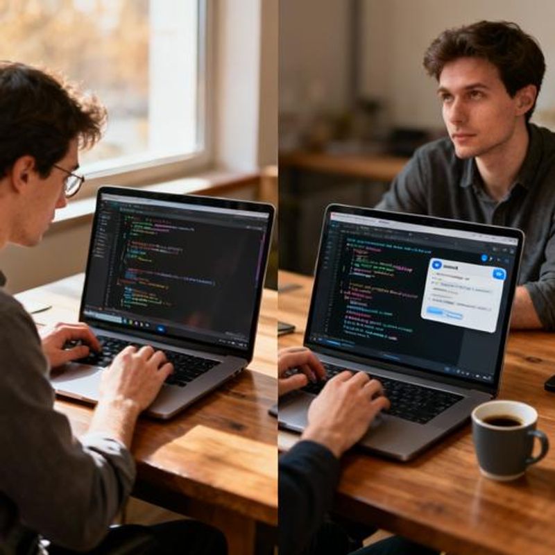 Split screen showing traditional coding vs AI-assisted coding workflow