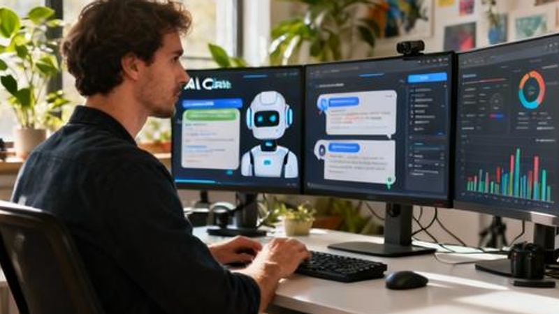 Content creator working on AI chatbot interface with multiple chat windows and engagement metrics