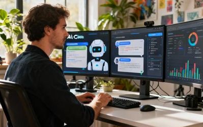 Content creator working on AI chatbot interface with multiple chat windows and engagement metrics