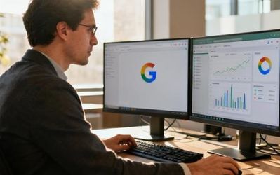Data analyst using Google AI tools on multiple monitors in modern office