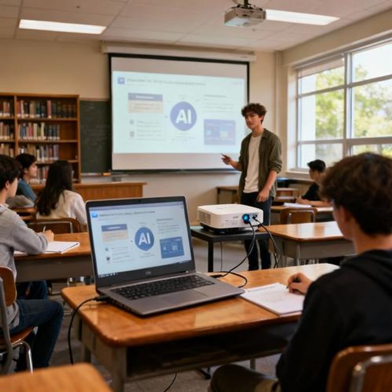 Student presenting with AI-generated slides in classroom