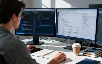 Developer working on AI chat integration at modern workstation
